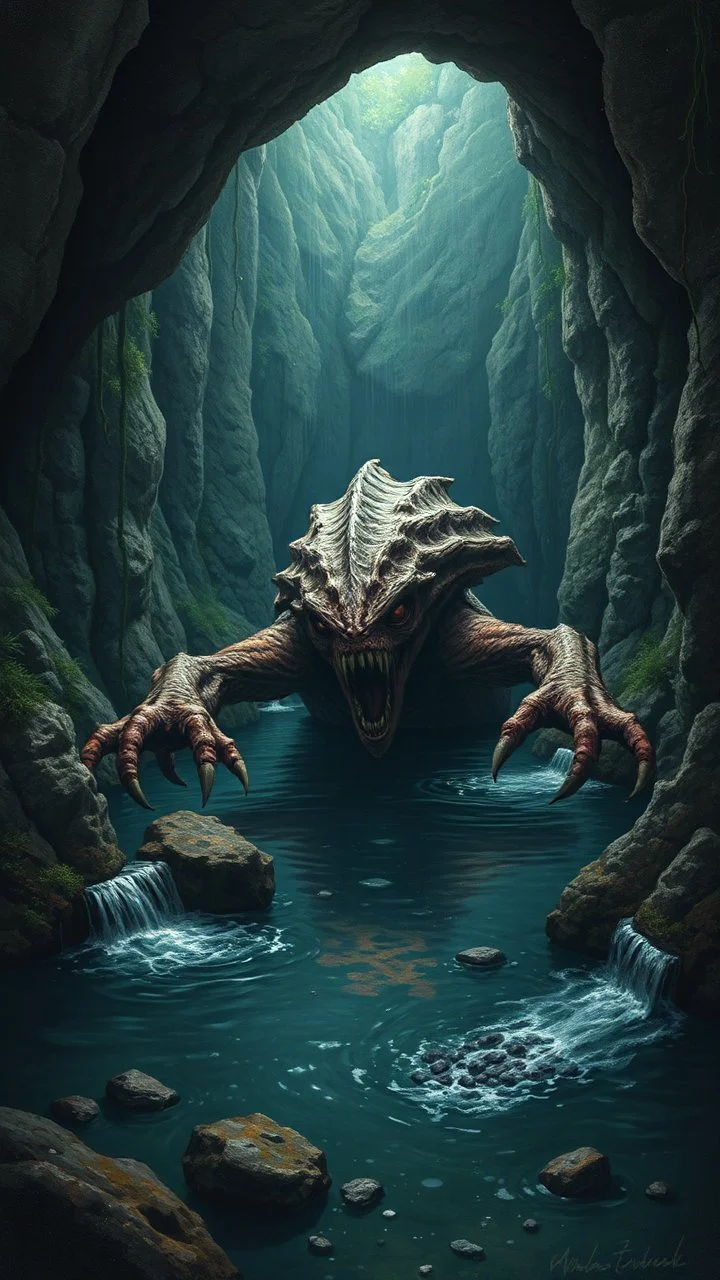 A big scary creature laying inside an underground water lake with small waterfalls in painting style of Bosch nightmares Art form