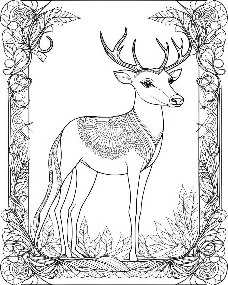 coloring pages:A whimsical deer in a coloring page, surrounded by a delicate rectangular frame adorned with swirling patterns, reminiscent of an enchanted forest. Capture the essence of joy and playfulness