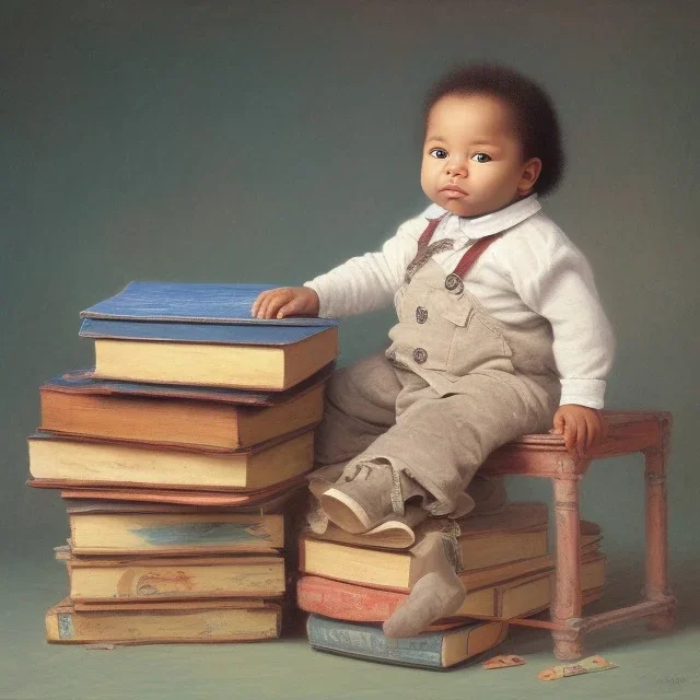 African American baby boy on pile of books by Monet