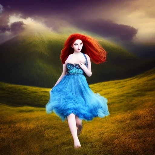 beautiful sourceress, girl, portrait, dressed in a transparent intricate blue dress, leaves in the hair, short tainted red hair, with a white cat, high definition, dramatic scenery, rendering