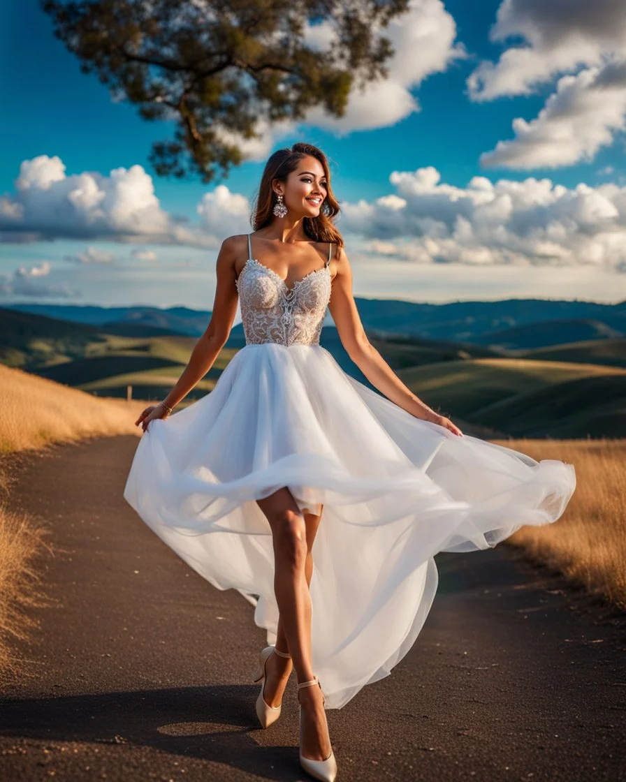 full-body closeup shot of a young, beautiful girl with a perfect face and makeup,wearing pretty dance dress standing in a stage in open air nice hills , blue sky ,pretty clouds at distant