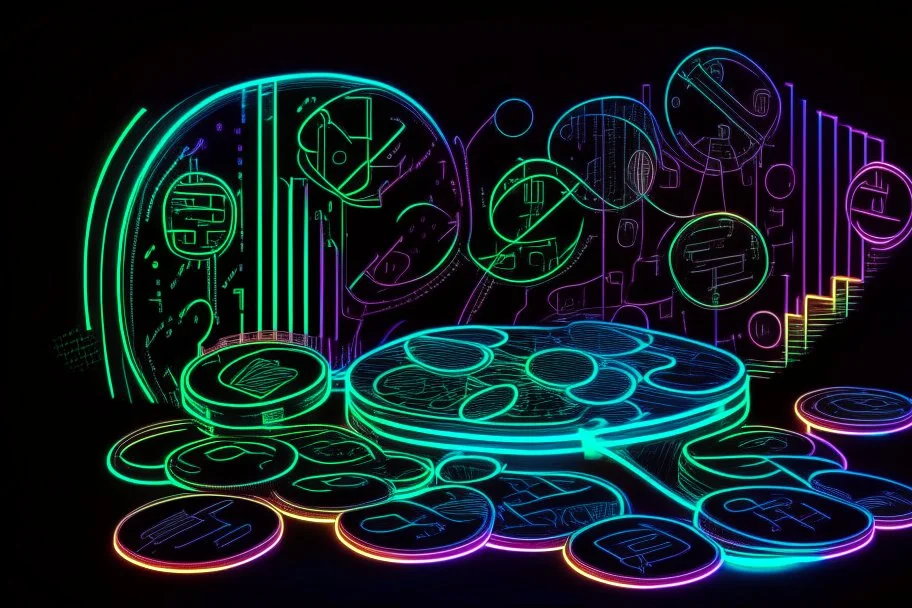 black background, outlines of a holographic graph and coins, drawn from thin neon-coloured glowing lines