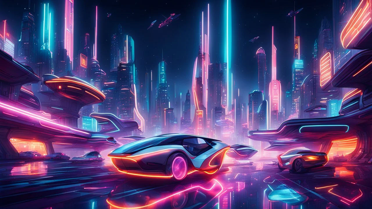 A futuristic cityscape at night with neon lights and flying cars.