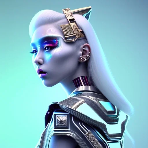 Cyber teenager, fluoride makeup, blonde, rounded face, geisha style hair, white skin, pattern dress, velvet, vibrant color, cyberpunk style, highly detailed, art stations, concept art, smooth, unreal engine 5, god rays, ray tracing, RTX, lumen lighting, ultra detail, volumetric lighting, 3d, finely drawn, high definition, high resolution, gradient background