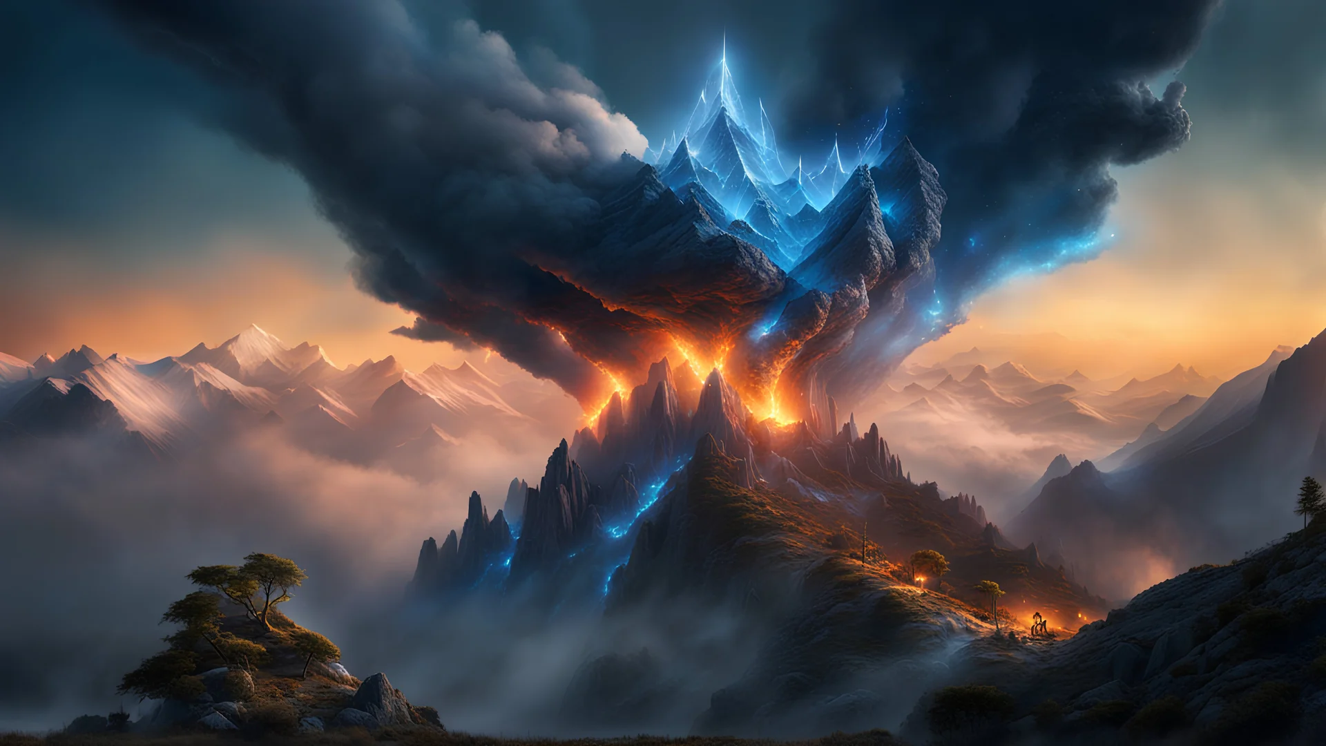 A mountain side burning with powerfull, blue magic. dark fantasy concept art, exquisite realism, a masterpiece, dynamic lighting, hyperdetailed, intricately detailed, deep color, Unreal Engine, volumetric lighting , Epic cinematic brilliant stunning intricate meticulously detailed dramatic atmospheric maximal,