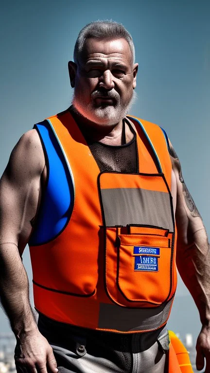 full body shot photography of two maroccan ugly dirty burly construction workers chubby sweat 58 years old in tank top, safety vest, swimwear, bulge, tattoo, manly chest ,in queue on italian sidewalk,, photorealistic, sunlight, summer, ambient occlusion, side view from the ground