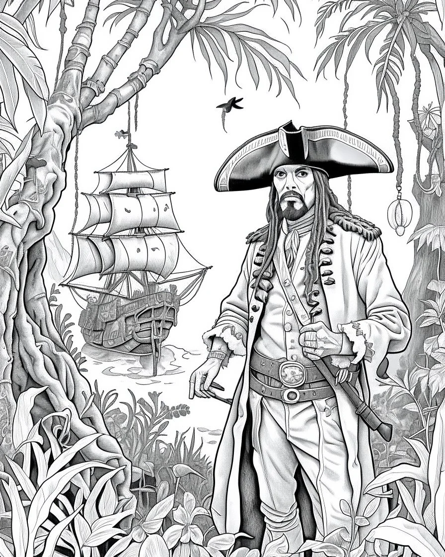 Pirates of the Caribbean: Jack Sparrow's Jungle Adventure Coloring Page: Design an adventurous coloring page inspired by the Pirates of the Caribbean movie, featuring Jack Sparrow navigating a dense jungle on a quest. Remove black color backgrounds and lines as much as possible, allowing kids to focus on coloring towering trees, wild animals, and hidden paths. This black-and-white canvas invites young artists to bring the excitement of Jack Sparrow's jungle exploration to life in their imaginati