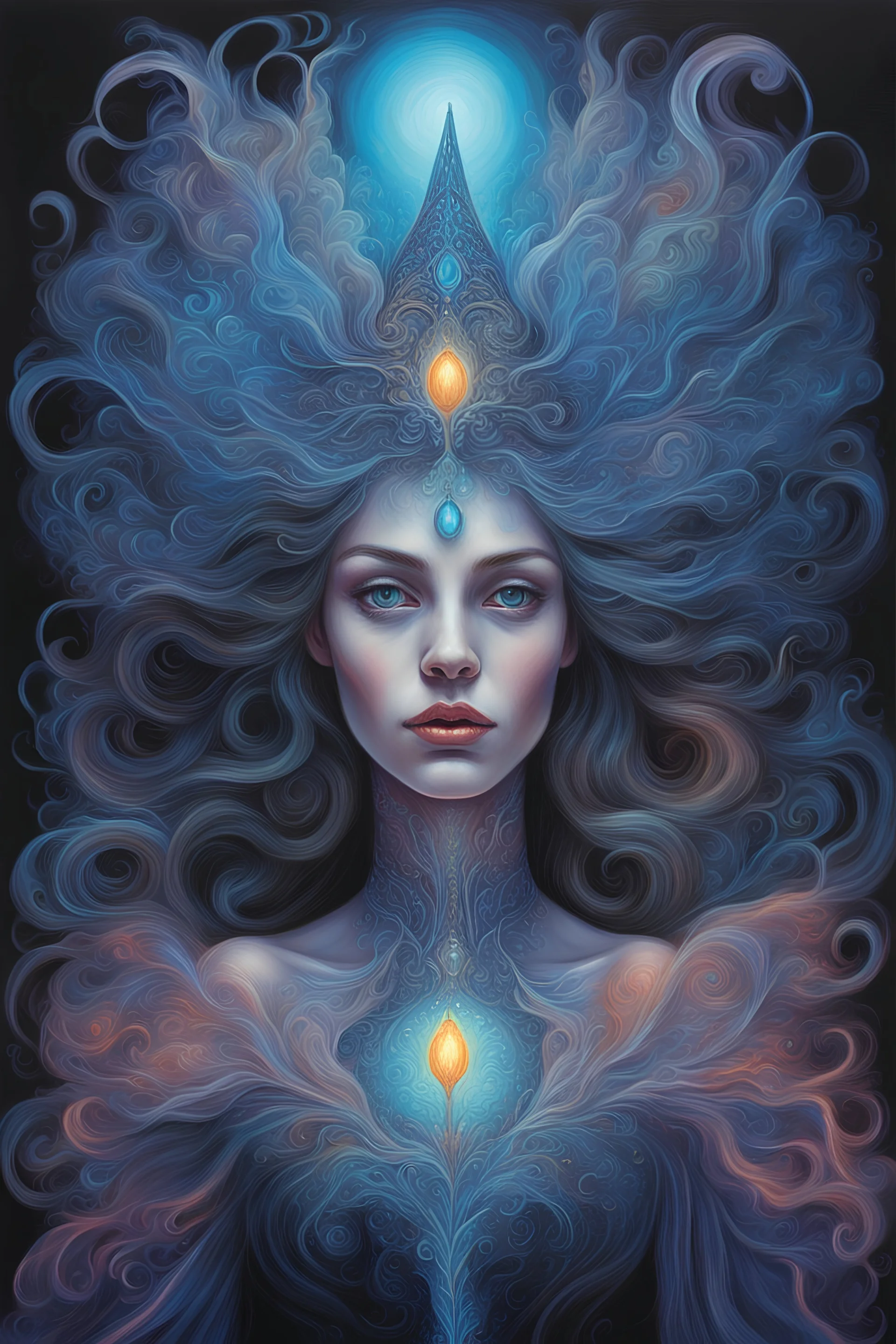 In this mesmerizing acrylic painting, an enchanting witch, resembling baroque queen, captures the viewer's attention. Radiating a hypnotic bioluminescence, its translucent body shimmers with vibrant hues, showcasing an ethereal beauty. The delicate skin pulsate with a soft glow, gently illuminating the dark depths that surround the creature. This high-definition image perfectly captures the intricate details, revealing the creature's graceful movement and intricate patterns. With its spellbindin