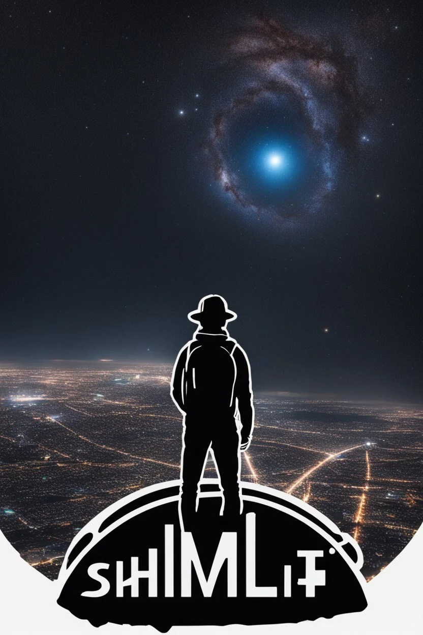 Supernova overlooking a city in the Milky Way galaxy with a person wearing a hat and a backpack with the Shift logo on it