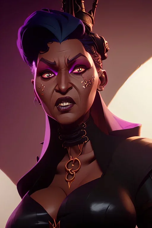 Pam Grier as evil queen in black leather, leather, busty, cleavage, angry, stern look. character design by cory loftis, fenghua zhong, ryohei hase, ismail inceoglu and ruan jia. unreal engine 5, artistic lighting, highly detailed, photorealistic, fantasy