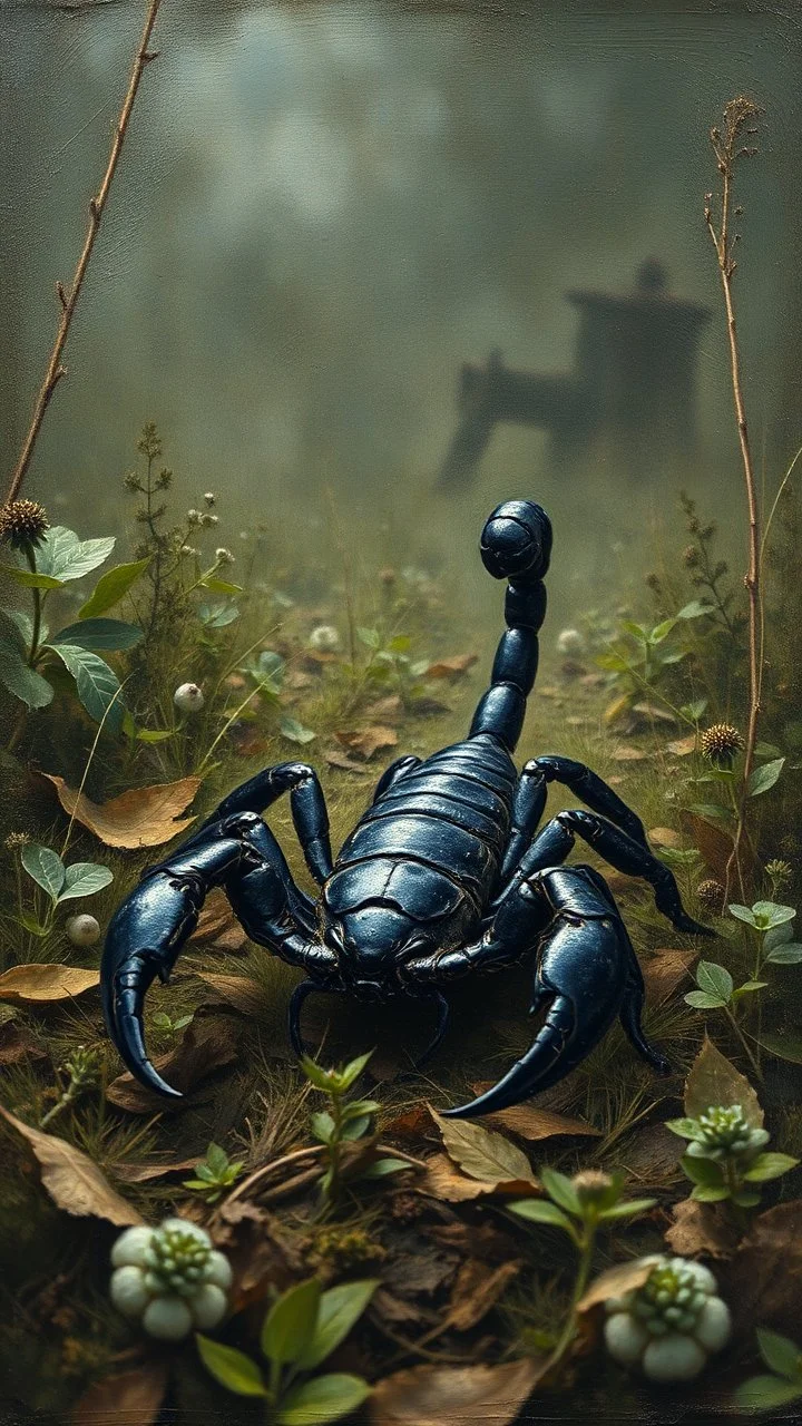 A black scorpion , in a forgotten battlefield overrun by vegetation, cutesy tiktok detailed oil painting, grainy, old style