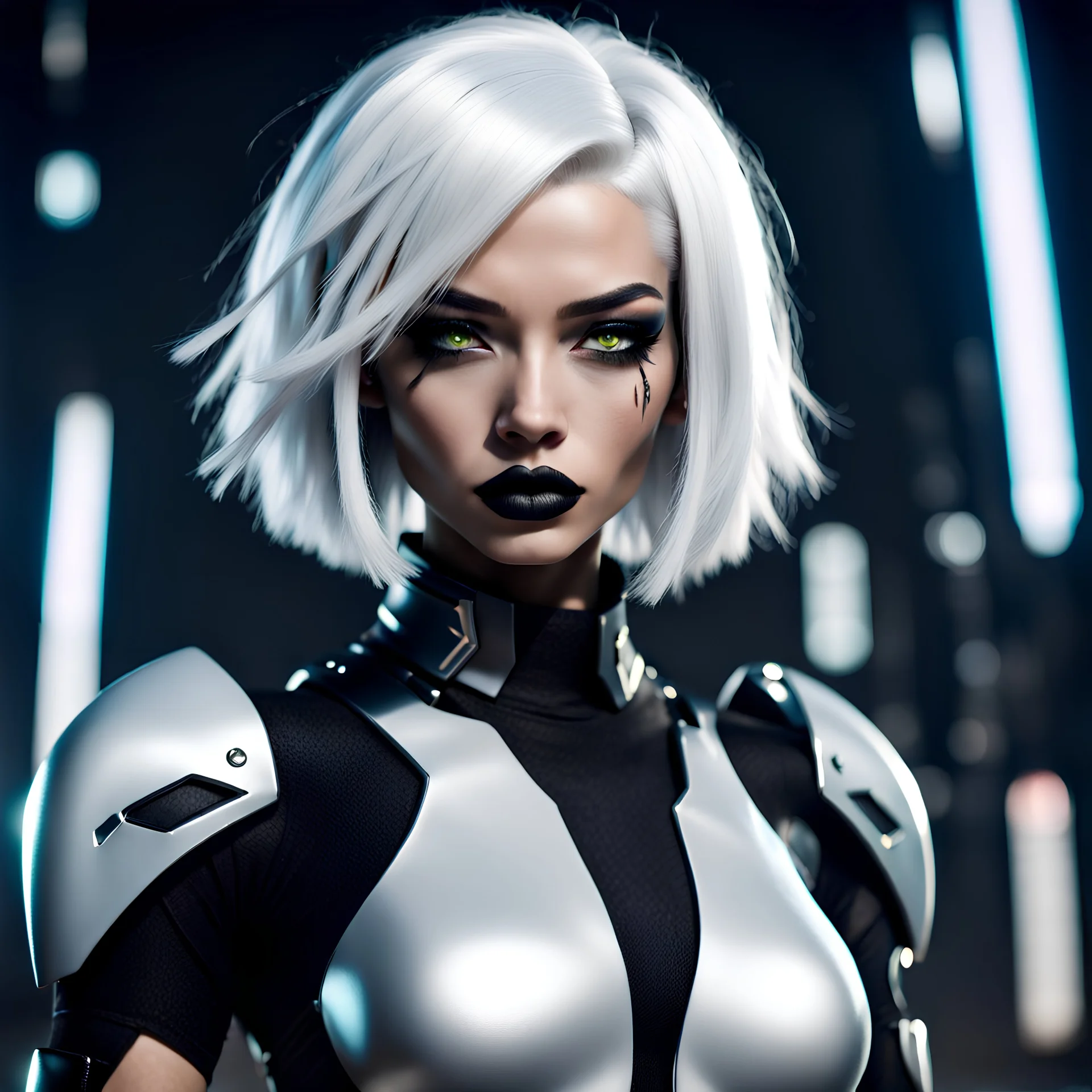 white haired futuristic Amazon warrior, short hairstyle, dark eyeshadow, black lipstick, black bodysuit, relaxed confident powerful intense, anime style