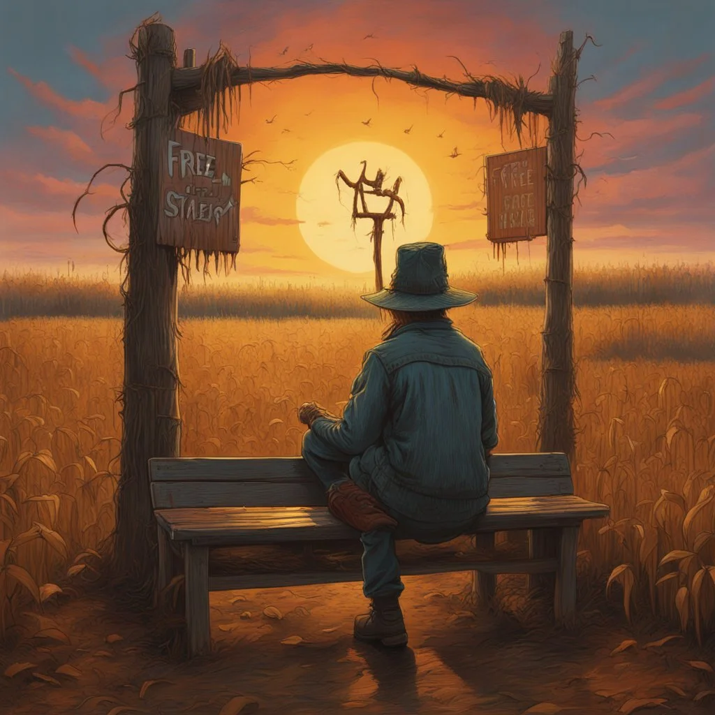 Autumnal sunset over an entrance to a tall corn maze, creepy scarecrow busker slumped in bench, old wooden sign reads "FREE", by Simon Stalenhag, by Godmachine, by Dave McKean, hyperdetailed oil matte painting, surreal horror art, warm autumnal colors.