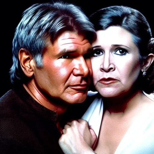 middle age carrie fisher embracing harrison ford in star wars, waist up portrait, photorealistic faces, intricate, masterpiece, expert, insanely detailed, 4k resolution, cinematic smooth, intricate detail , soft smooth lighting, soft pastel colors,