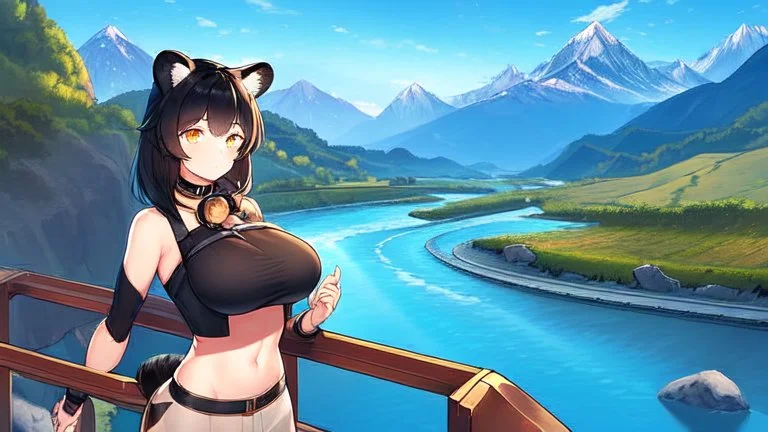 girl on the bridge,open navel, black hair, orange eyes, river, mountain,collar on neck, raccoon ears, raccoon tail, (2: big breasts), railway.