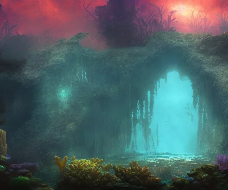 an ancient sunken temple structure, overgrown, mystical underwater shot, colorful coral reef, filtered diffraction lighting, fantasy digital art, trending on artstation