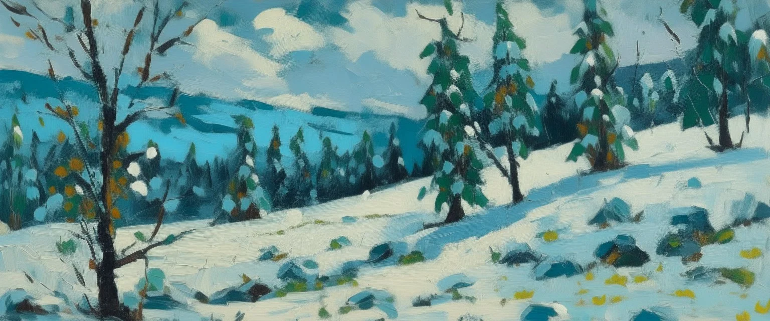 A cyan winter tundra with falling snowflakes designed in German folk art painted by Paul Cézanne