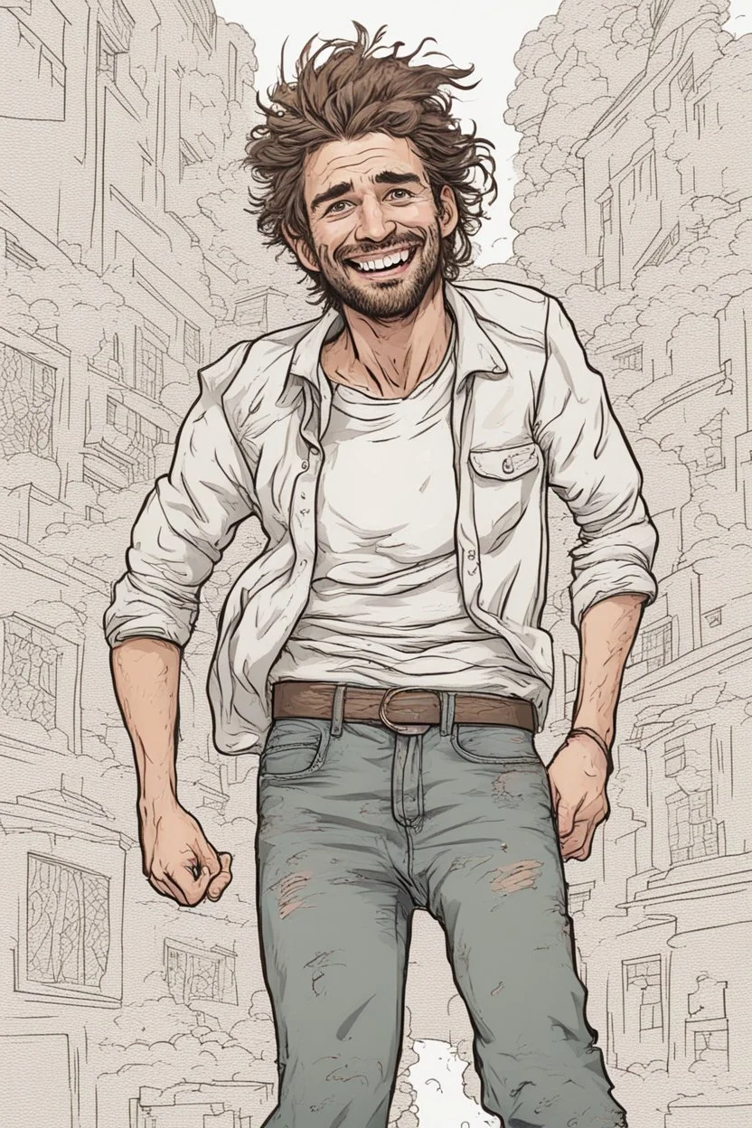 deranged smiling man with messy hair and stubble