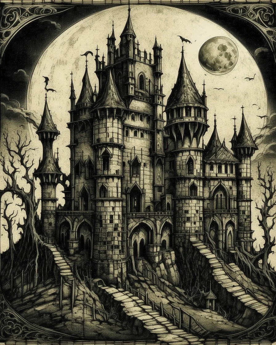 A black moon Arabian castle with shadow monsters painted by Leonardo da Vinci