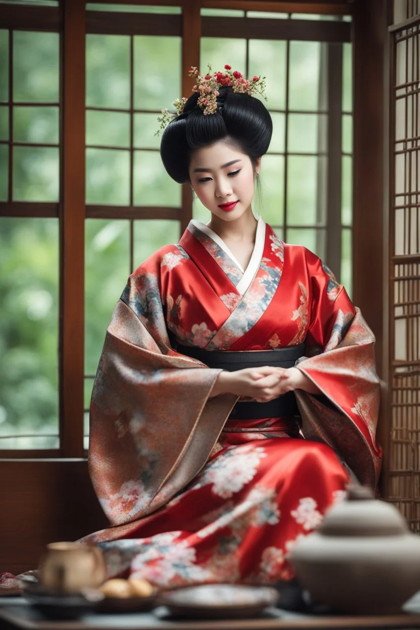 Ultra realistic photo beautiful geisha woman beauty ,one person young adult beautiful woman, sitting, clothing, women adult ,fashion dress, young women, beautiful people, indoors, full length hairstyle , ,smiling ,window looking ,sitting on floor contemplation ,floral pattern , futuristic style, HOF, captured with professional DSLR camera, 64k, ultra detailed,