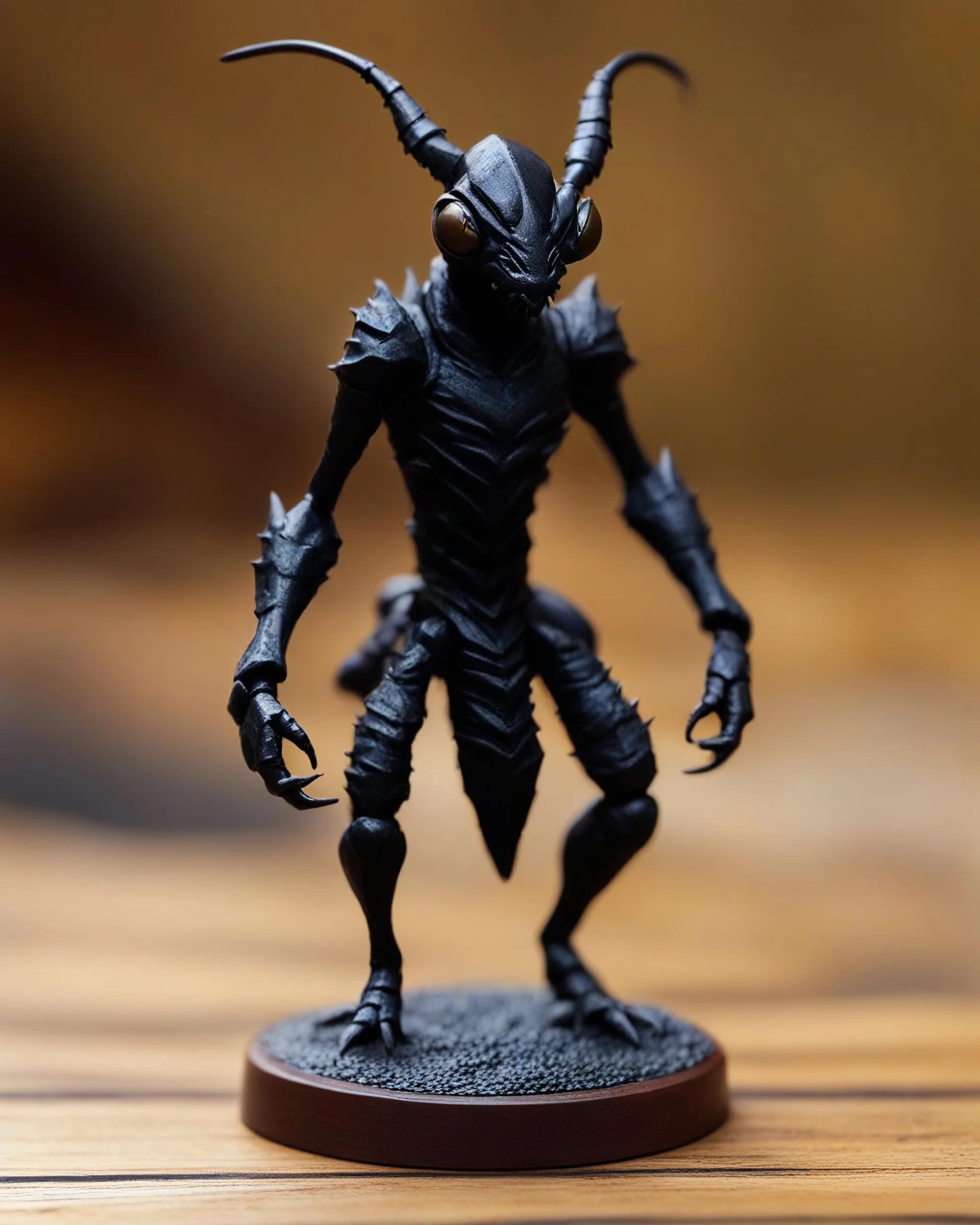 A photo of a tabletop role-playing miniature of a ant-human-hybrid ddmon covered in a black rubbery skin. it has a humanoid stance with two legs and four arms ending in crablike claws emerging from the torso. the miniature is full body and has a wooden base background. the miniature is inspired by the style of john howe, alan lee and the diablo franchise.