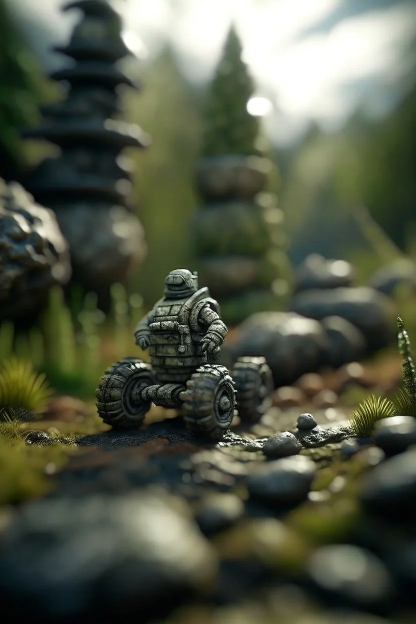 portrait of rock man in front of rock rocket on bumpy road in moist swamp planet , photo-realistic, shot on Hasselblad h6d-400c, zeiss prime lens, bokeh like f/0.8, tilt-shift lens 8k, high detail, smooth render, down-light, unreal eng