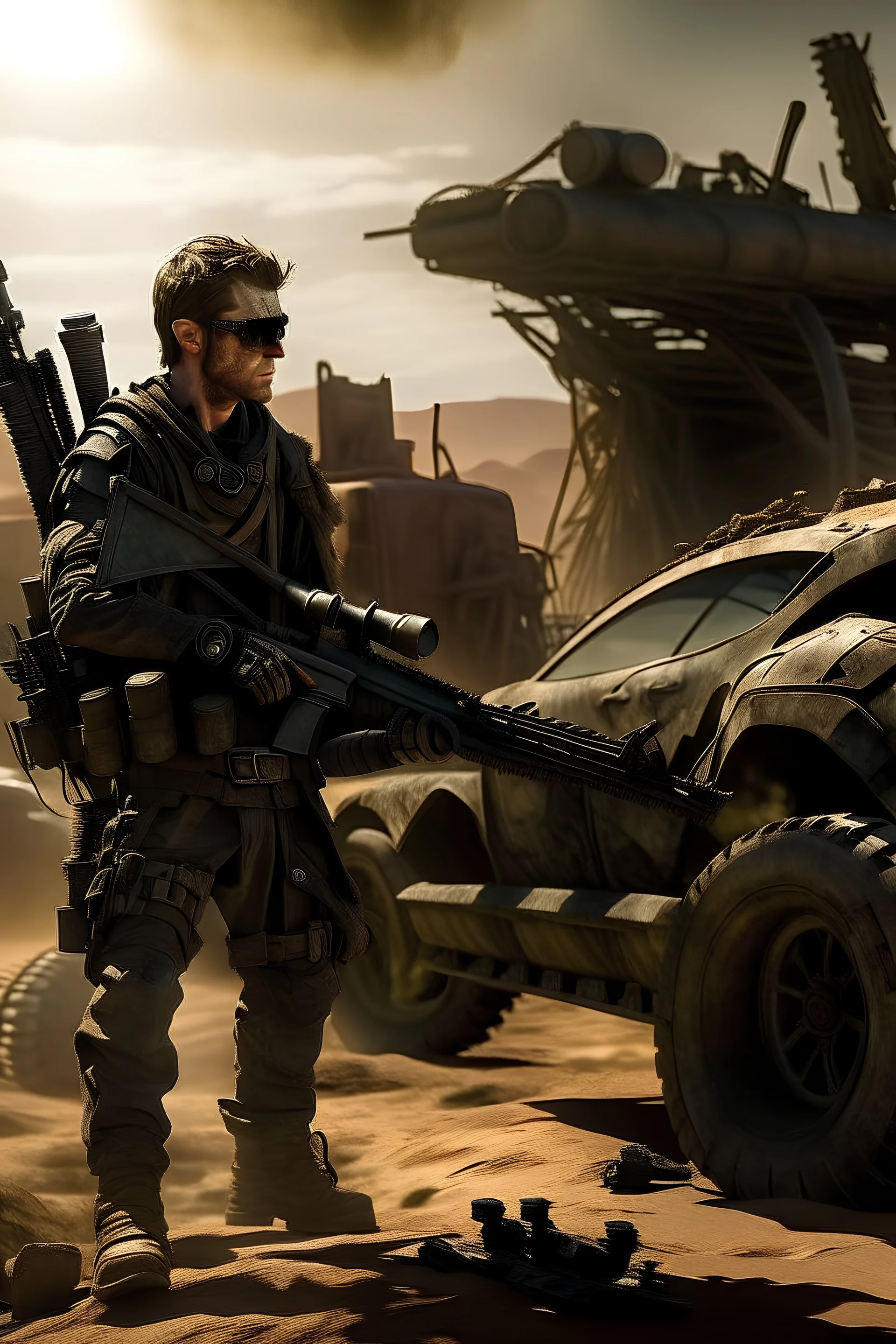 "Craft a story around a lone special ops agent, blending seamlessly into the desolate Mad Max-inspired world with Ghost Chameleon Camouflage. Tasked with securing a futuristic assault rifle prototype, the agent discovers a hidden satellite facility with a shocking revelation about the end of the world.""