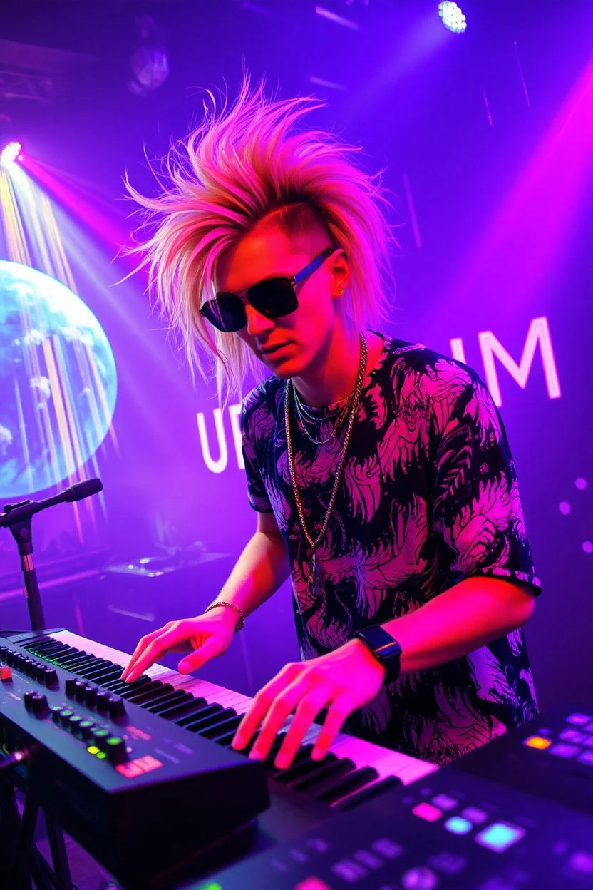 French cool synth player with crazy techno acid hair, he is called "Jean-Maurice Brûlée" performing at dance club, his name is "Jean-Maurice Brûlée" , white and purple Neon lights and purple smog, yellow shower rain, and "URINIUM" big sign on the wall, he is playing on synthesizers on stage with lot of laser beams and wearing black sunglasses, an earth is projected in background