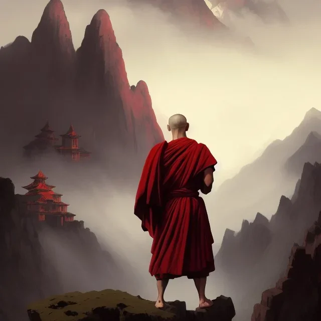 Portrait of a monk, red sash, mountain background, fog, distant temple, face front, grim, Frank Frazetta, Greg Rutkowski, hyperdetailed, dnd, trending on Artstation, Splash screen art, dynamic lighting, hyperdetailed, intricately detailed, a masterpiece, 8k resolution, high contrast, bearded,