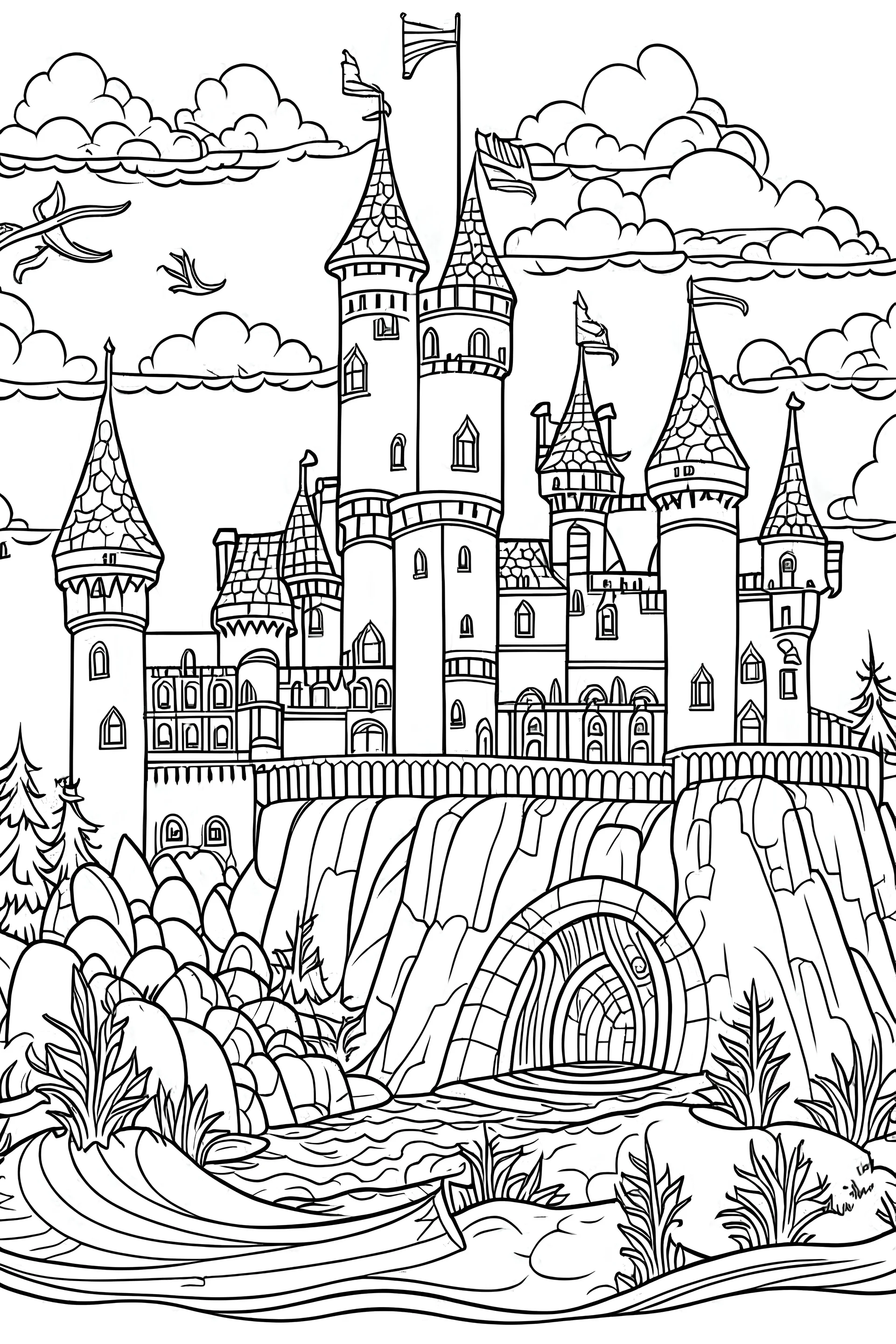 castle with mermaid kids coloring book sketch