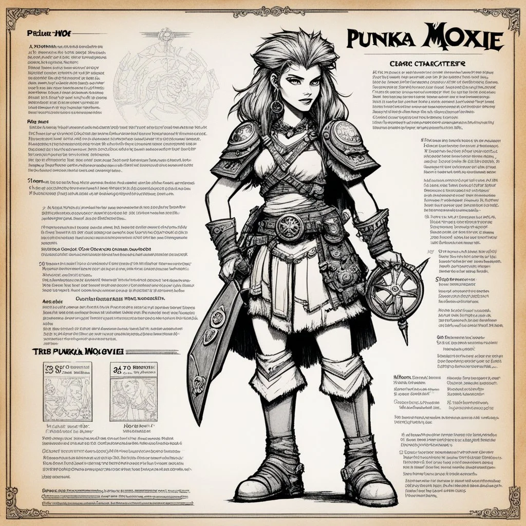 Punka Moxie character concept sheet with AD&D statistics and characteristics, [illustration by Kevin Eastman and Peter Laird] a Punka Moxie