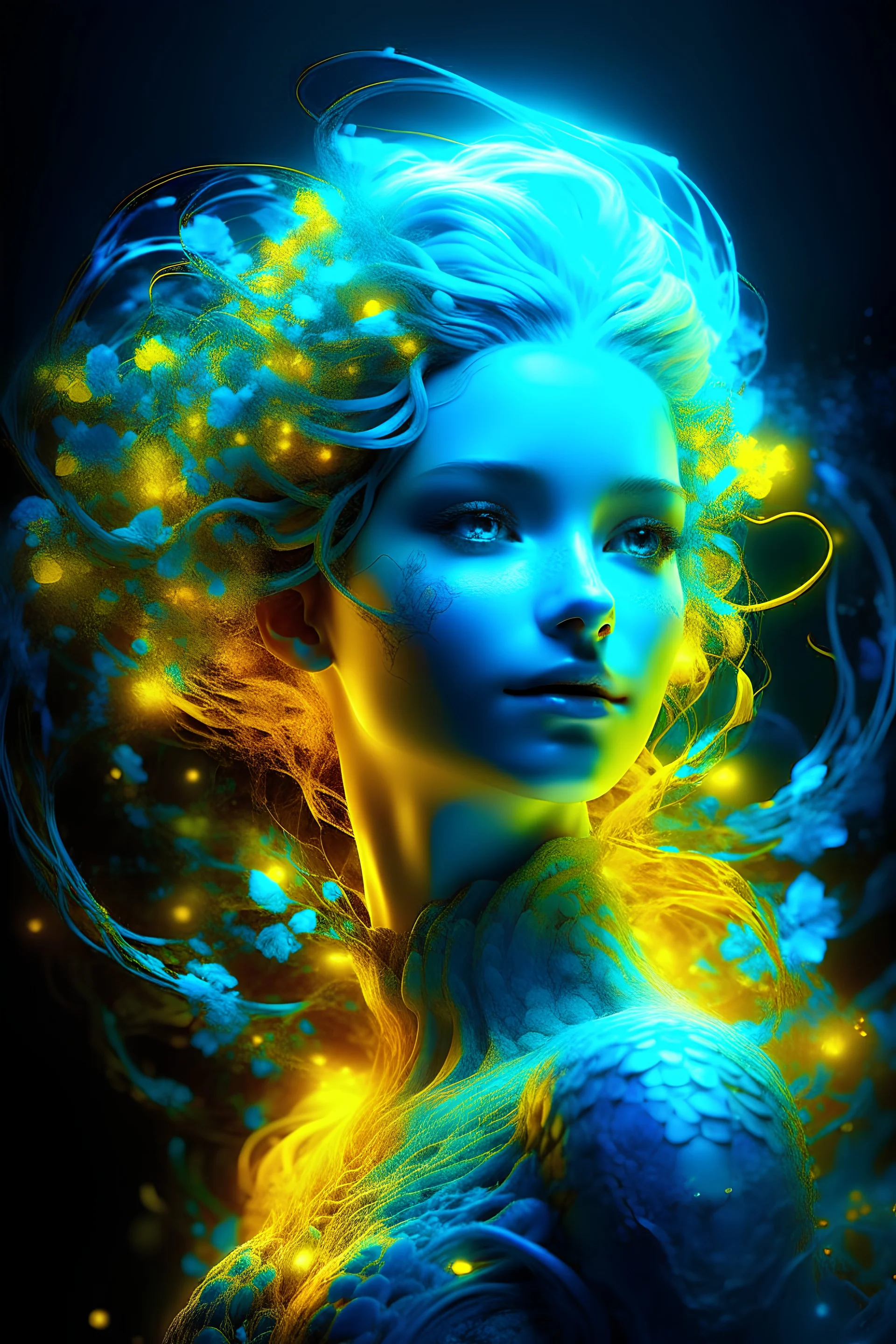 detailed illustration of a beautiful elsa yellow illumated. Brains. The figure appears ethereal, almost otherworldly, with her brains full of blure amoebes possessing a captivating translucency, The use of vibrant neon lights and particles of light creates a phantasmagorical atmosphere, . high-quality image, perhaps a digital painting in capturing the enchanting beauty of blue amoebes in the brains