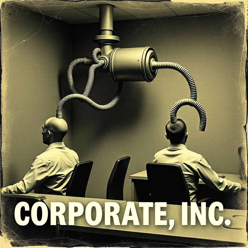 a grainy vintage photograph with creases and over-exposure spots, intellectual property, text "CORPORATE, INC", surreal, biomechanical sausage tubes running from a strange grinder in the wall twisting to attach into the front and out the back of worker's heads sitting rigidly in office desks, minimalism, profound, hi res, sharp focus