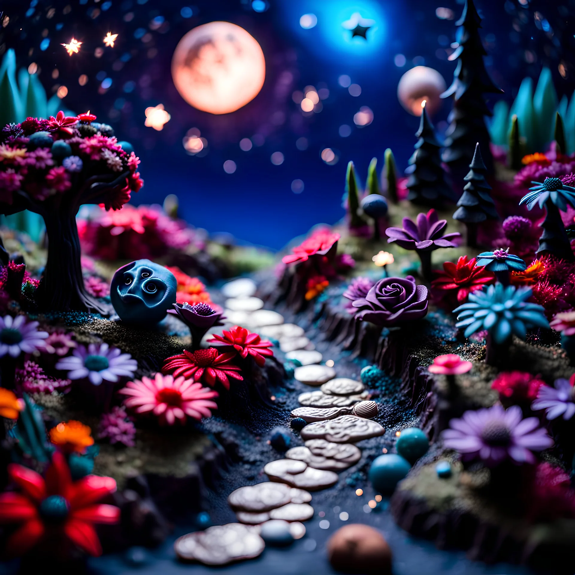 Detailed creepy odd landscape made of modeling clay, naïve, Tim Burton, flowers, stars and planets, Harry Potter, strong texture, extreme detail, decal, rich moody colors, sparkles, clean, bokeh, odd