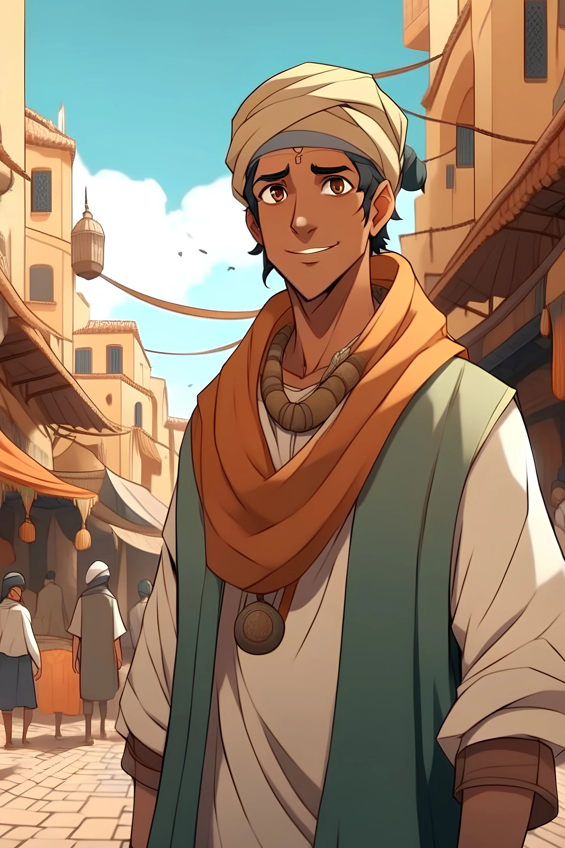 Morrocan hero in anime in marrakech with his upper body in souk in a good position