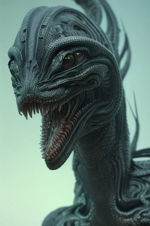 snake alien, head,8 eyes, evil, 8k, with hairs, finely detailed, photo realistic, HR Giger style