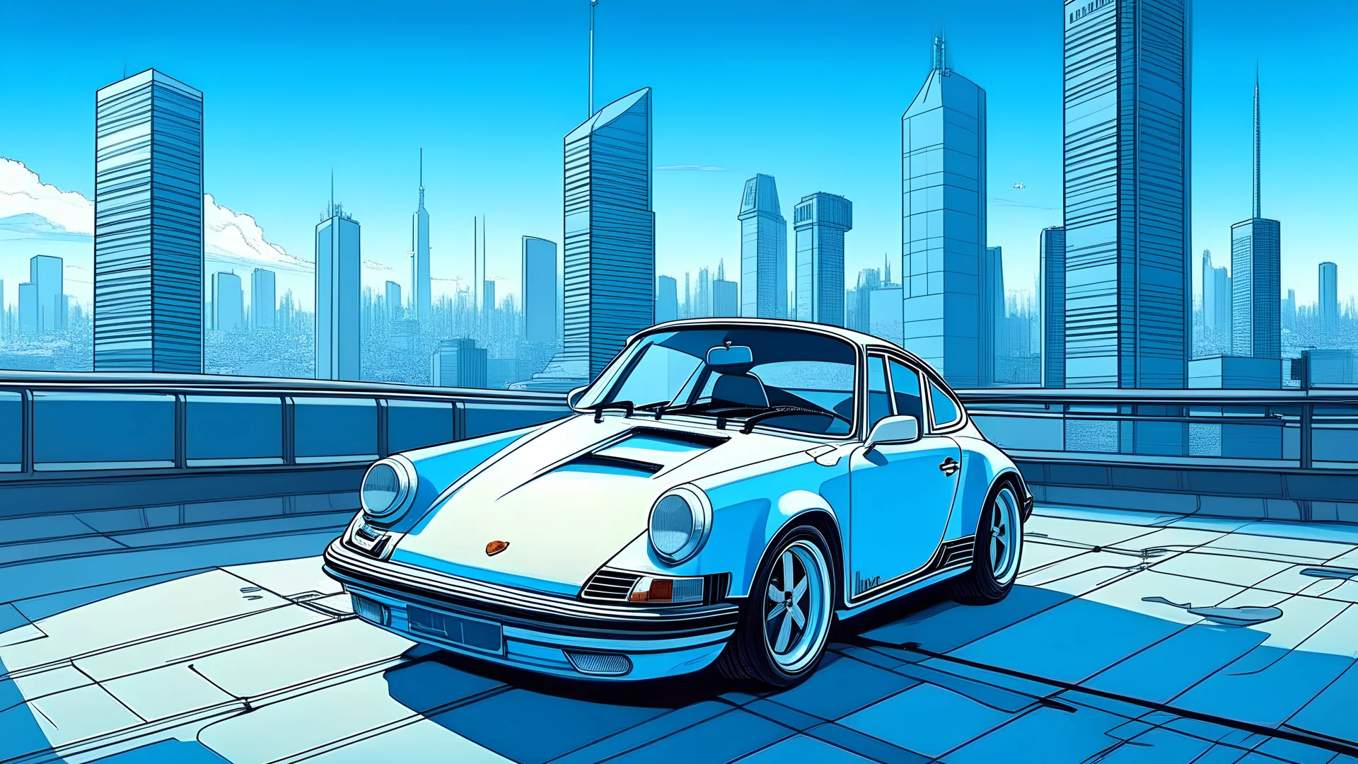 vintage porche 911, white paint with blue decales, in a futuristic garage, overlooking a city skyline, cartoon style