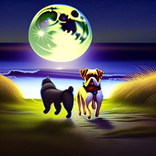 A woma and Irish Sutter dog are iwalking in the field leading to the beach under a full moon,