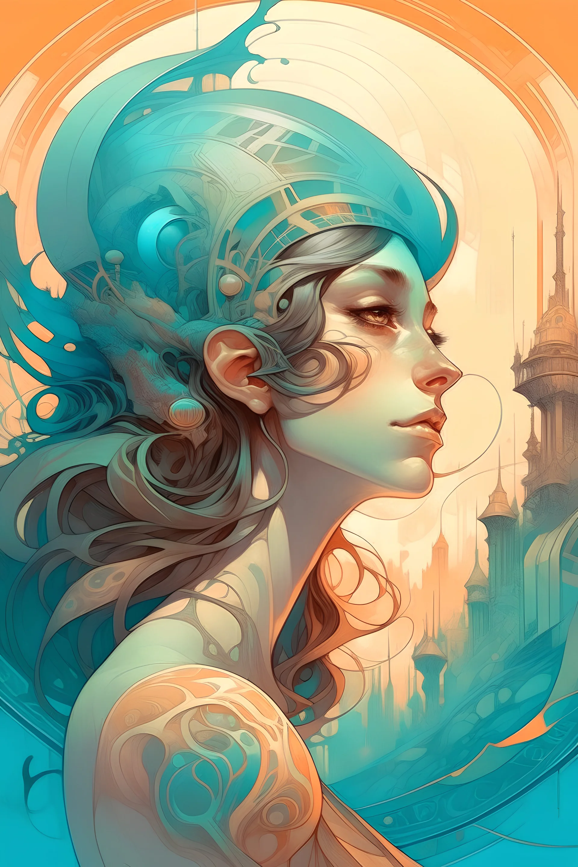 create a poster for a concert with a female beautiful goddess that represents the city with highly detailed, sharply lined facial features, finely drawn, boldly inked, in soft ethereal colors, otherworldly, celestial, and beautiful in the style of Peter Mohrbacher