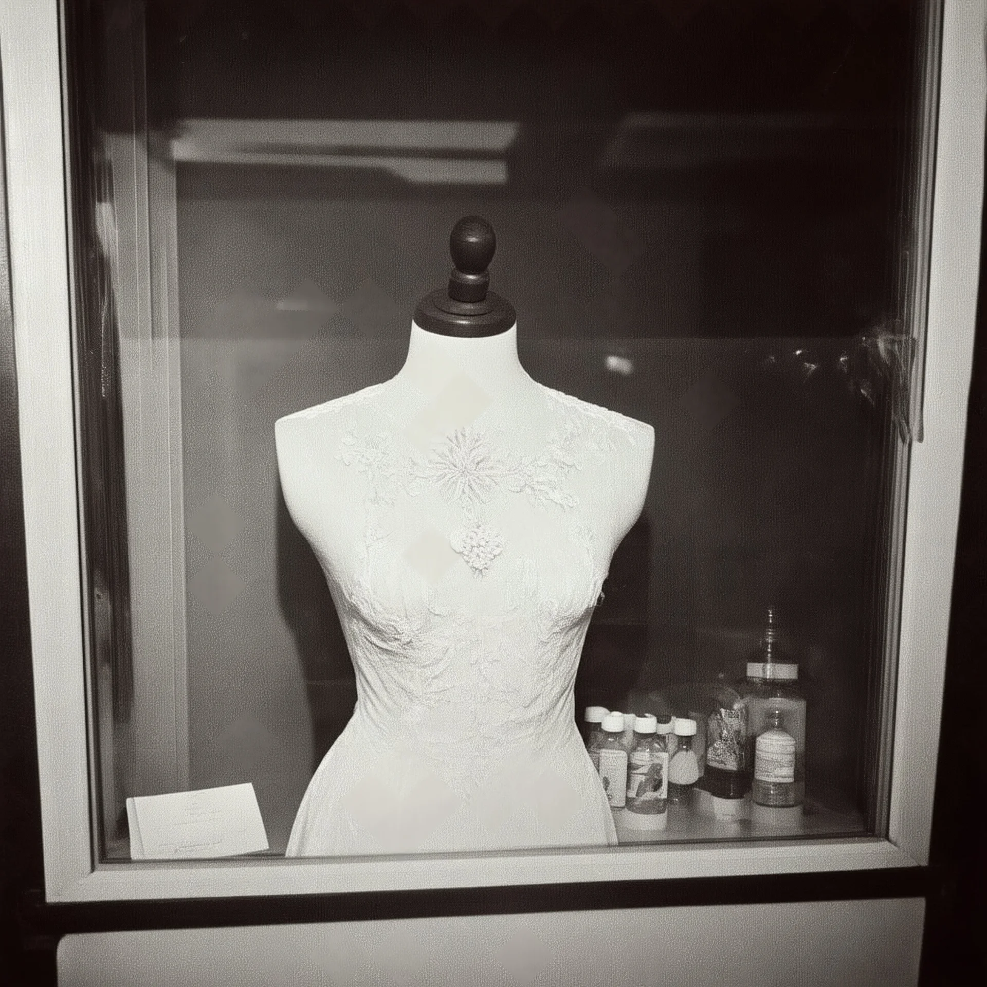 old polaroid of a deicate, embroidered display mannequin behind a window
