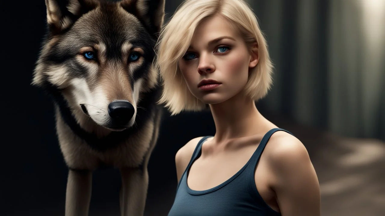 ultra realistic photograph of a very thin young woman with short blonde hair and blue eyes wearing a loose black teeshirt facing a large black wolf