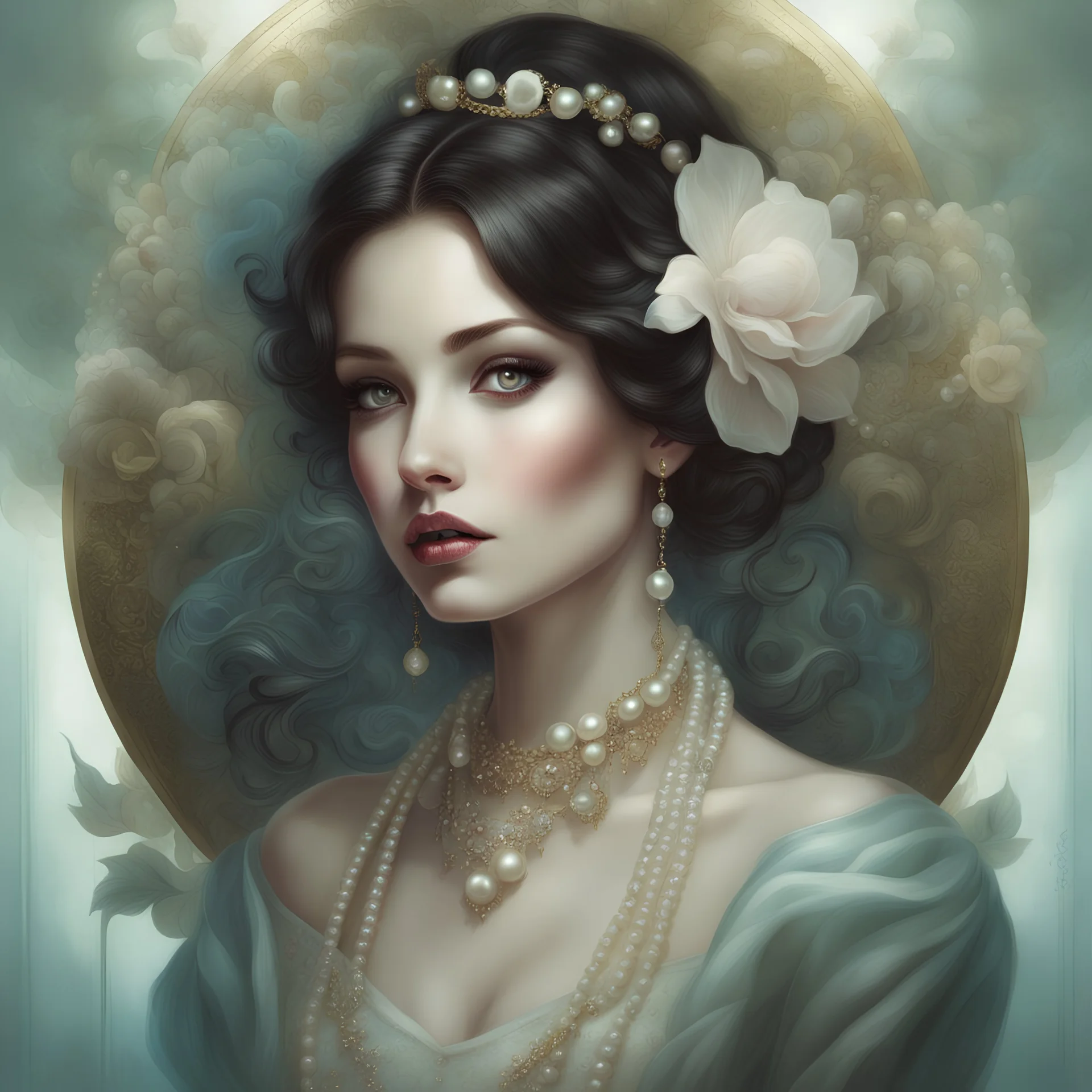 shiny pearls, full body portrait of a pretty woman , Breathtaking Masterpiece Fantasycore Artwork By Anna Dittmann, Daniel Merriam, Jean Baptiste Monge, Alberto Seveso, Erin Hanson, Jeremy Mann"