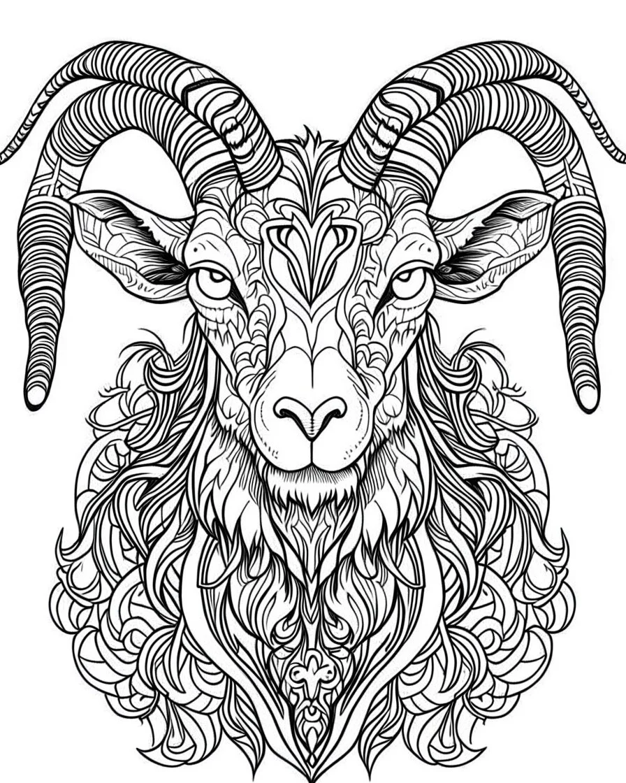 satanist goat tattoo, coloring book page, clean line art, adults drawing book, Black and white only, crisp black lines, sharp lines, coloring page for adults, black and white picture, lots of details, tattoo style,tattoo ideas, full body, without shadows and colors