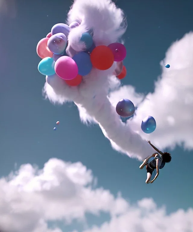 Ultra realistic clouds sky scene, wide angle, sweet childs falling down, inflatable color clothing, free jumping flying, many trinkets, monster hair, hair monster, many jelly beans, balls, smile, happy, circus style, extreme, wind, clouds sea, 20,000 feet altitude, stratosphere, soft color, highly detailed, unreal engine 5, ray tracing, RTX, lumen lighting, ultra detail, volumetric lighting, 3d, finely drawn, high definition, high resolution.