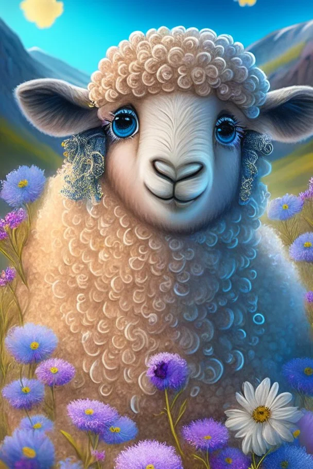 Happy and cute scottish mountain sheep with dreamy sparkling eyes, 4K resolution quality, sitting and holding flower, nursery art, very beautiful and highly polished, with perfect detail, smooth edges, soft hair, flawless facial features , stunning, whimsical fantasy, beautiful, detailed, well rendered, cartoon, illustration