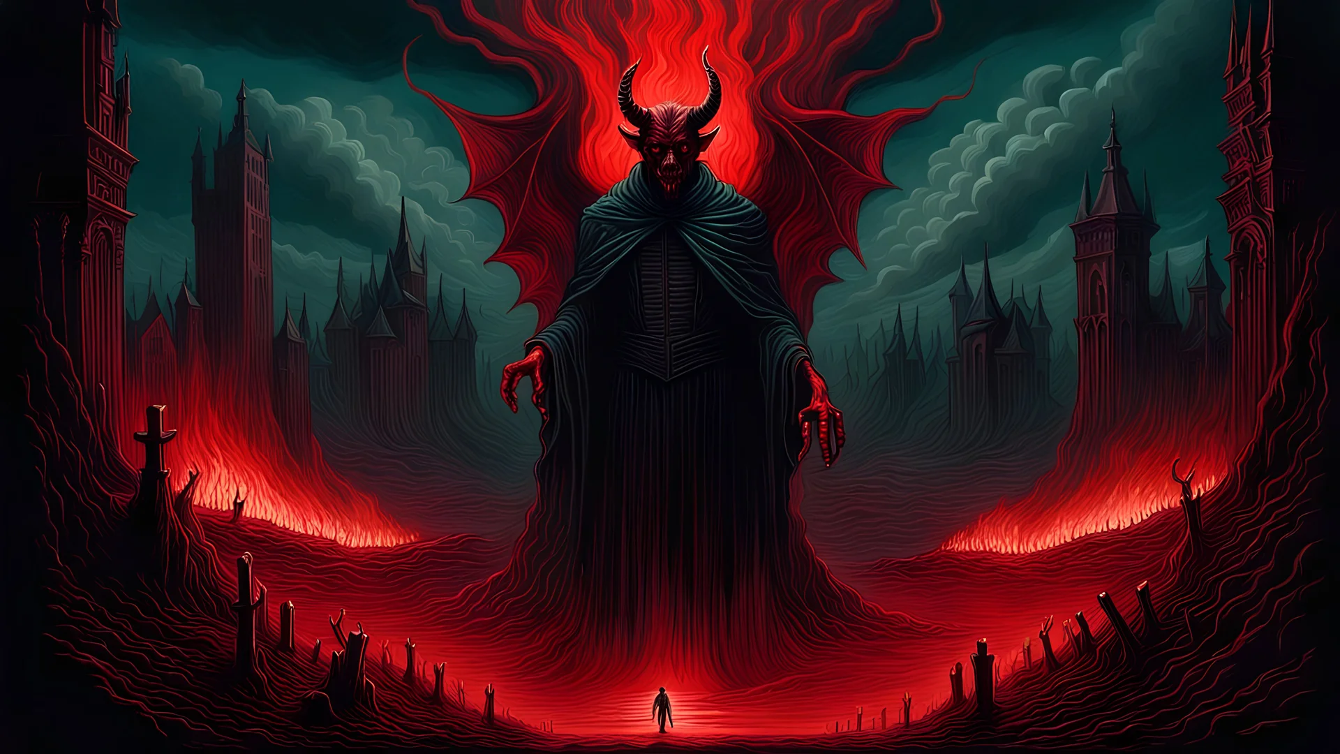 The Devil Puts Hell Up For Sale || surreal horror, in the styles of Dan Mumford and Agostino Arrivabene and Zdzisław Beksiński, mixed media, gothic colors, cinematic, sharp focus, epic, masterpiece