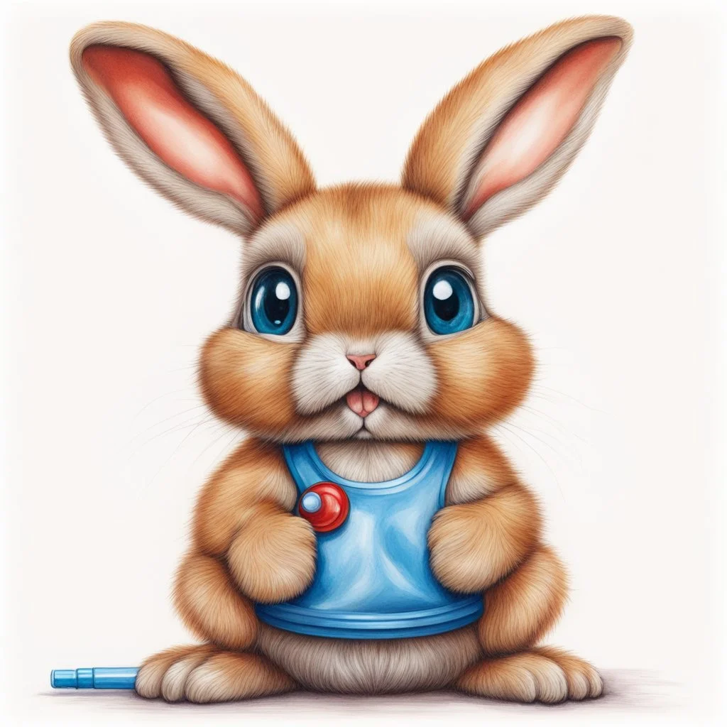 Picture, drawn with colored pencils, in the style of hyperrealistic animal illustrations, light amber and red, cartoon cute bunny with big eyes and long eyelashes, sitting with a pacifier in his mouth, wearing blue shorts, white background only