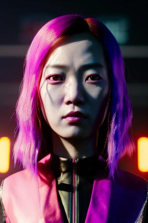 Cyberpunk portrait, Asian woman:: symmetry photography, cyberpunk, pink hair, makeup, long line eye, light iris eye, :: kenzo fashion style, latex coat :: cinematic, Ultra realistic, dark scene, soft color, highly detailed, unreal engine 5, RTX, ultra detail, 3d, finely drawn, high definition.