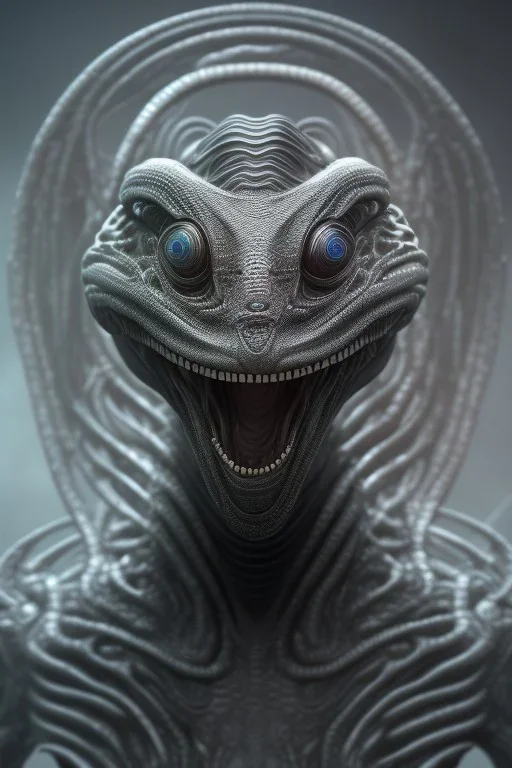 snake alien, head,8 eyes, evil, 8k, with hairs, finely detailed, photo realistic, HR Giger style