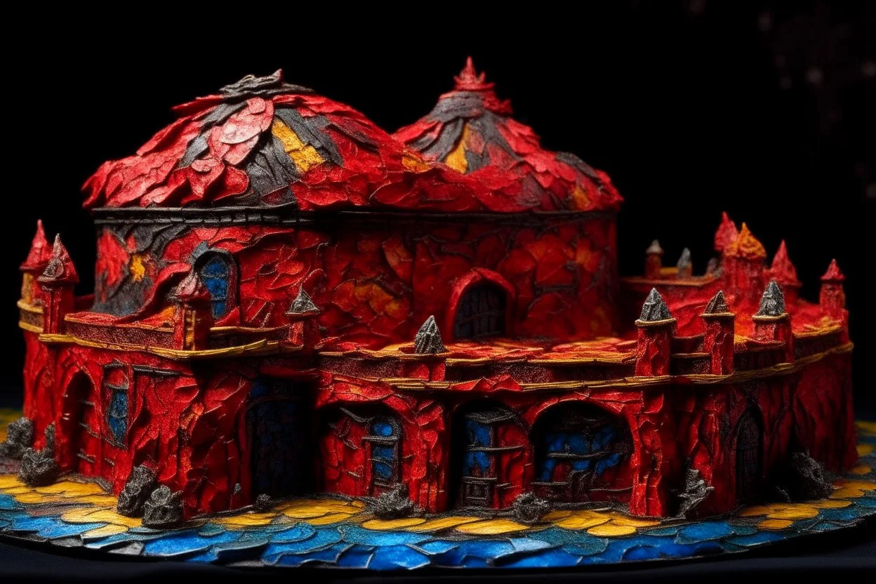 A dark red giant coliseum in a cosmic storm designed in Maori sculptures painted by Vincent van Gogh